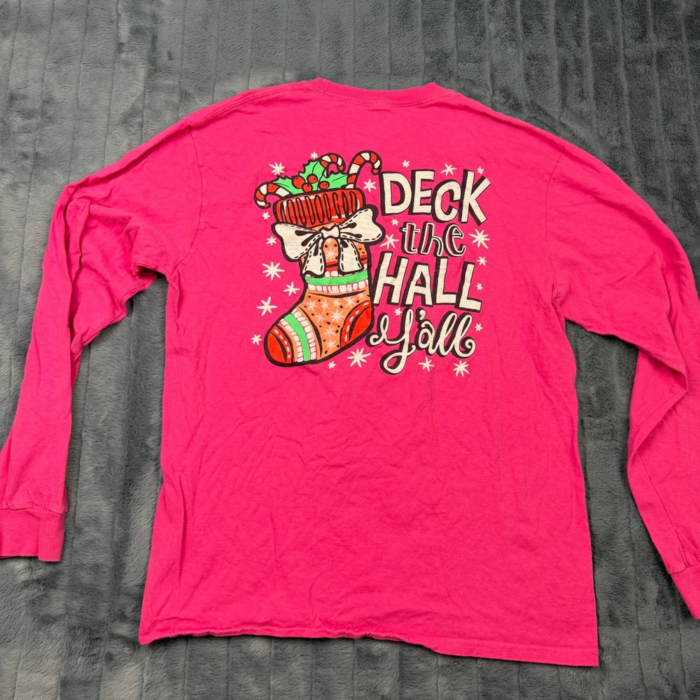 Southern Y'all Pink Christmas Long Sleeve Graphic Tee Deck the Hall Y'all Large